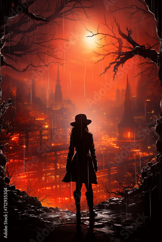 Silhouette of back woman detective girl in a hat and raincoat at night on street in city in the rain. Cover of the book of a spy detective noir novel