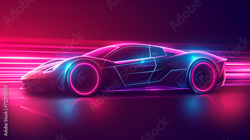 Abstract Futuristic Neon Glowing Concept Car Silhouette. Automotive template for your banner, wallpaper, marketing advertising. Vector illustration. generative ai