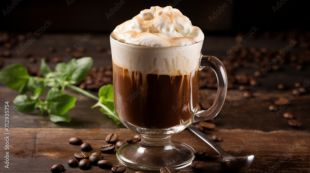 irish coffee on transparent cup in a cozy irish-themed pub cafe irish coffee on transparent cup in a cozy irish-themed pub cafe