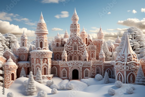 Gingerbread Village with Icing Snow, on an isolated Frosty White background, Generative AI
