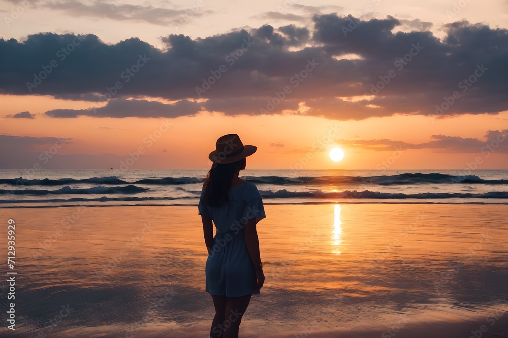 Young tourist woman standing and looking at the sea at sunset, concept. Happiness in traveling.