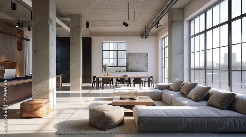 Fototapeta premium Loft home interior design of modern living room. Studio apartment with concrete wall and column