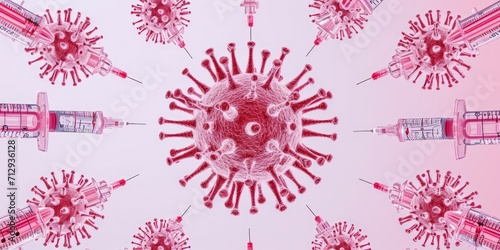 Virus, Covid, vaccination concept. Circular pattern with Syringe and image of Virus, on pink background.   © Maroubra Lab