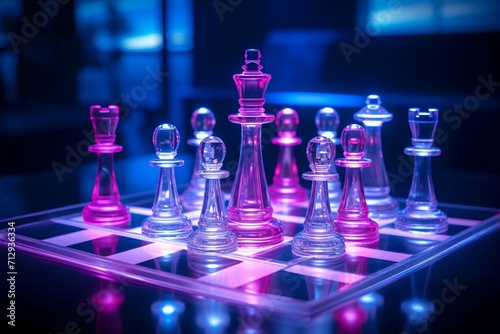 A futuristic chessboard with illuminated pink and blue chess pieces. Generative AI