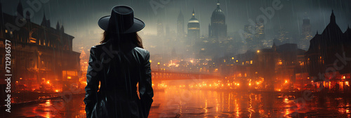 back of woman detective girl in a hat and raincoat at night on street in city in the rain photo