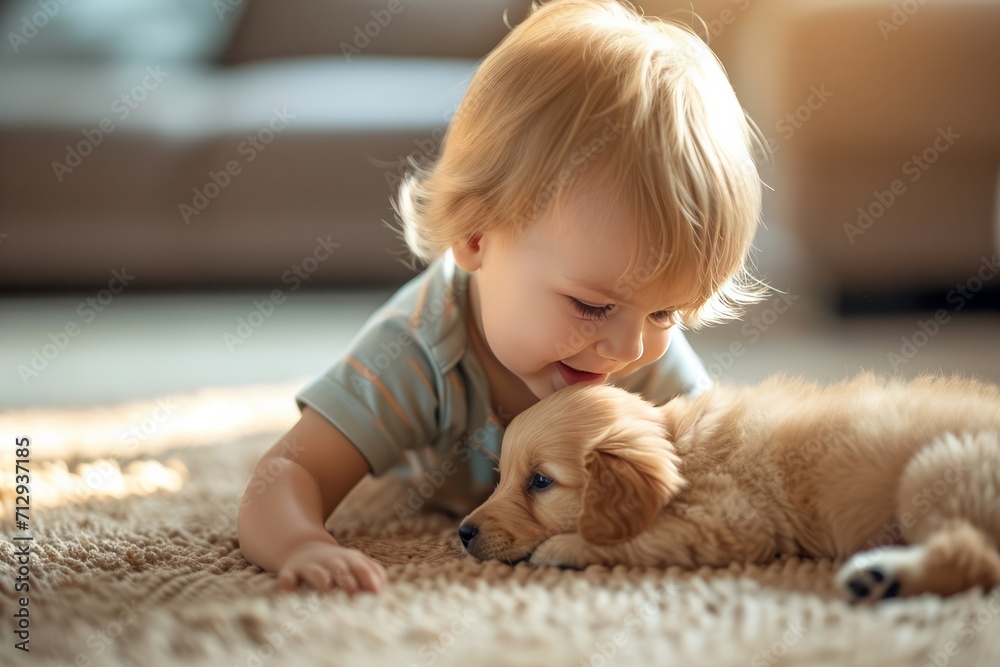 Cute little young blonde toddler boy is playing with the puppy on the floor