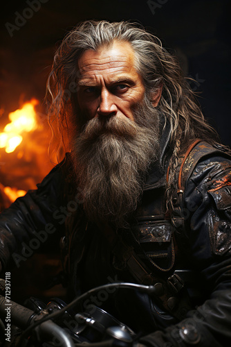 portrait of a brutal bearded old man motorcyclist biker in leather jacket on a motorcycle at night