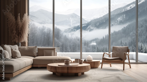 Scandinavian minimalist home interior design of modern living room. Round wooden coffee table near beige sofa and armchair against floor to ceiling panoramic window with winter mountain view