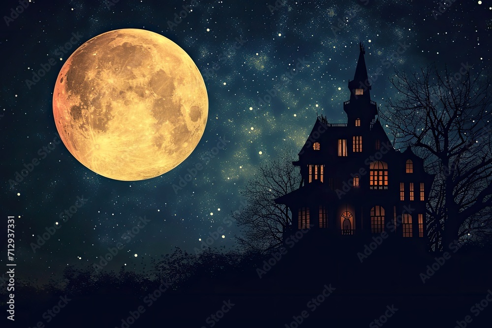 A spooky silhouette of a haunted house against a full moon in the night sky Halloween background with haunted house