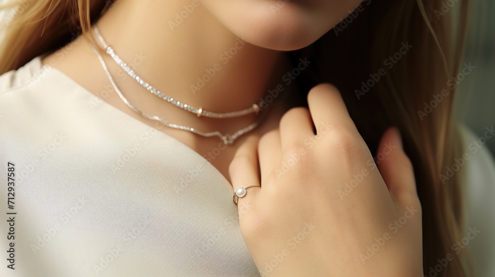 portrait of woman wearing jewelry around her neck,luxury gold and diamond jewelry.Decoration on the bride's neck.