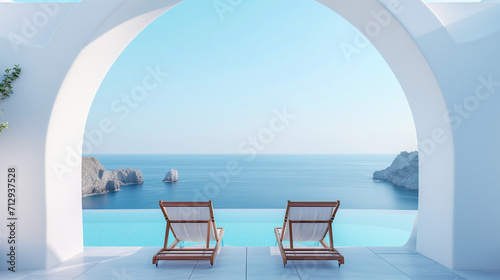 Two deck chairs on terrace with pool with stunning sea view. Traditional mediterranean white architecture with arch. Summer vacation concept © midart