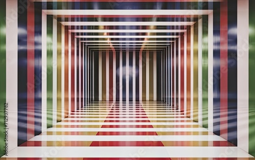 Multicolored room with striped walls and floor with Generative AI.