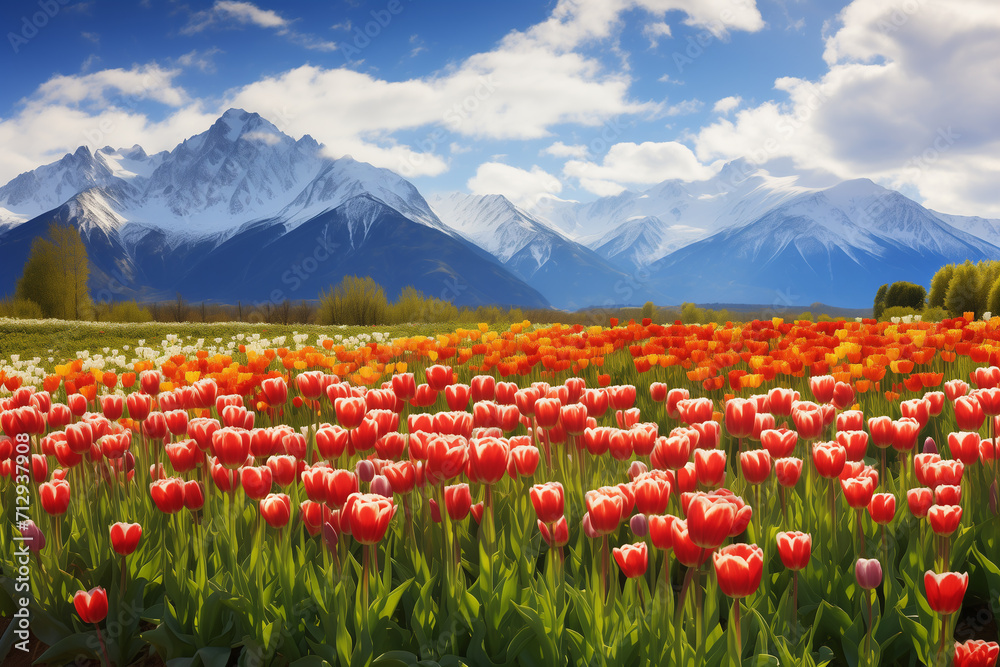 Scene view of field of tulips against snow-capped Andes mountains and clear sky in Trevelin, Patagonia, Argentina
