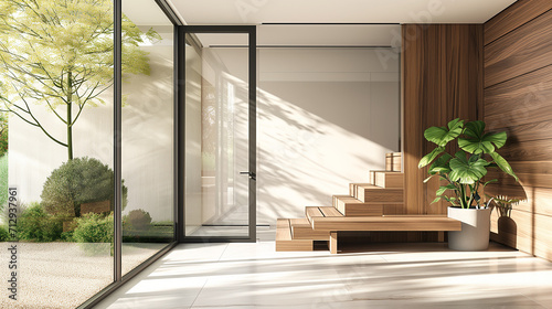  Wooden bench near glass door and steps. Scandinavian interior design of modern entrance hall