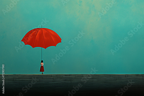 States of mind, graphic resources, fine and modern art concept. Abstract colorful illustration of man silhouette and umbrella. Minimalist, surreal style photo