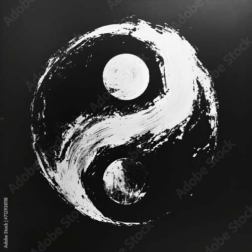 Roughly hand painted white and black yin and yang symbol with visible brush strokes on solid black background photo