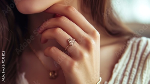 Close-up of a woman's hand adorned with a heart-shaped ring, symbolizing love.