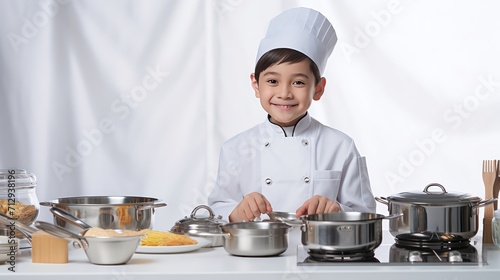 A Cooking, happy boy wearing chef's uniform. Little cook and kitchen equipment. Cooking concepts in the chef profession On empty space on white transparent background isolated