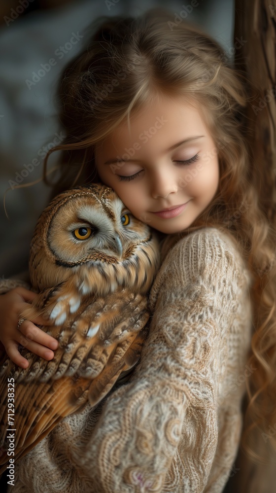 Obraz premium Very beautiful little girl carefully hugging an owl. Poster about careful attitude to the surrounding world and harmonious existence of man and fauna.