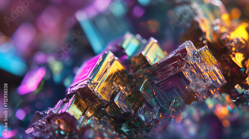 Macro crystal bismuth gemstone rock formation, colorful lighting, background image, room for copy space (ID: 712938338)