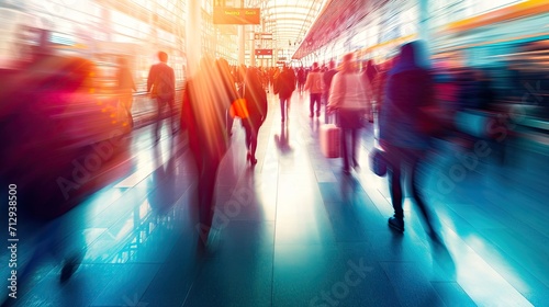 Abstract motion blur image of people crowd walking to travel and transport at airport or train station, transportation concept.