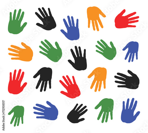 Illustration background of hands in red  blue  green  yellow  black and orange colors on a white background