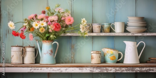 Old kitchen items on weathered wooden shelf, wildflower bouquet in faience pitcher, shabby chic aesthetic photo