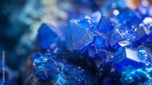 Macro close-up of natural blue azurite crystal gemstone mineral rock formation, blue, purple, amethyst, gold, quartz, agate, background image, room for copy space