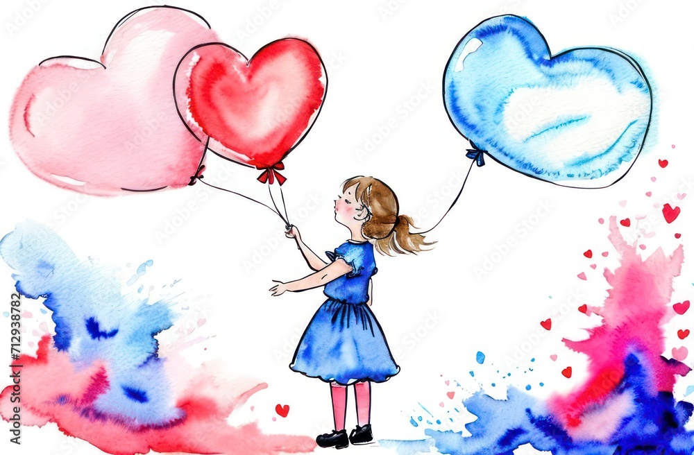 Cute little girl holds heart-shaped balloons in her hands in watercolor style. Happy childhood concept, valentines day Cute little girl holds heart-shaped balloons in her hands in watercolor style. Happy childhood concept, valentines day