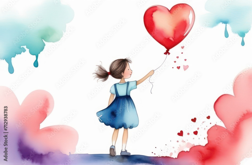A girl in a blue dress holds a heart balloon in her hands. Happy childhood concept, watercolor, valentines day A girl in a blue dress holds a heart balloon in her hands. Happy childhood concept, watercolor, valentines day