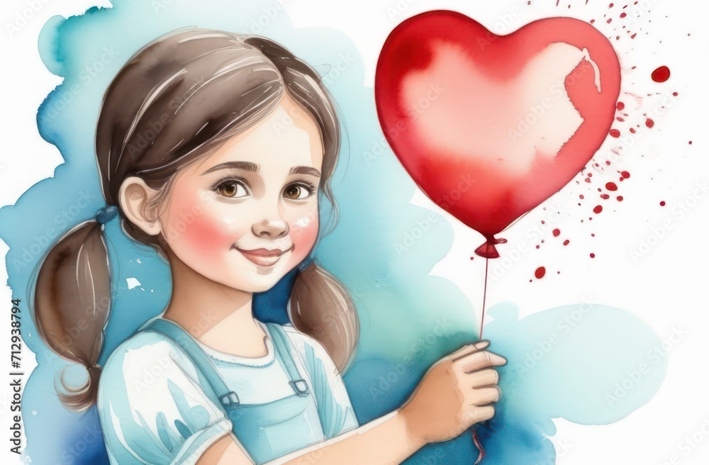 Girl with a red heart-shaped balloon in a watercolor style. Happy childhood concept, valentines day
