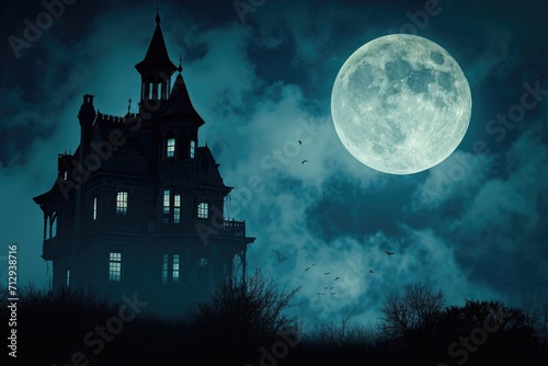 A spooky silhouette of a haunted house against a full moon in the night sky Halloween background with haunted house © PinkiePie