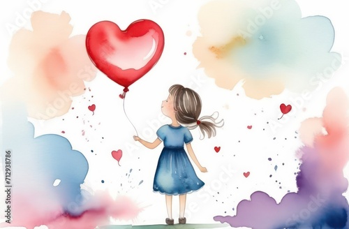 A girl in a blue dress stands with her back, holds a heart-shaped balloon and looks at it. Happy childhood concept, watercolor, valentine's day, holiday © Natalia