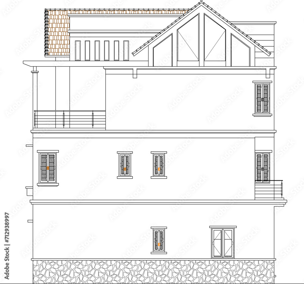 Fototapeta premium Vector sketch illustration of the design of a two-story traditional ethnic house with a sloping roof