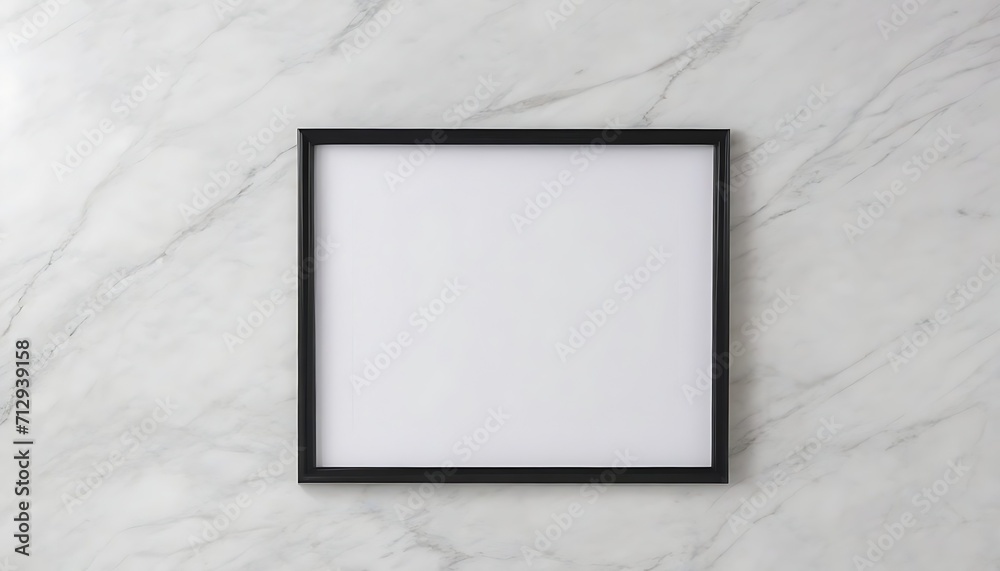 Almost square blank black frame on white marble wall 