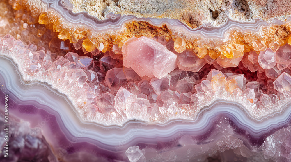 Macro close-up of natural geode crystal gemstone mineral rock formation, pink, purple, gold, amethyst, rose quartz, agate, background image, room for copy space Macro close-up of natural geode crystal gemstone mineral rock formation, pink, purple, gold, amethyst, rose quartz, agate, background image, room for copy space
