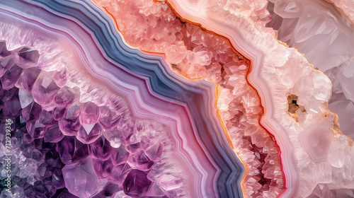 Macro close-up of natural geode crystal gemstone mineral rock formation, pink, purple, gold, amethyst, rose quartz, agate, background image, room for copy space (ID: 712939356)