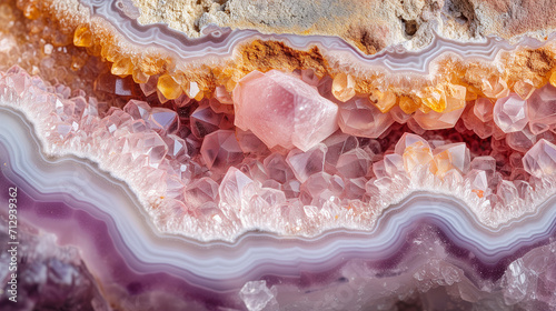 Macro close-up of natural geode crystal gemstone mineral rock formation, pink, purple, gold, amethyst, rose quartz, agate, background image, room for copy space (ID: 712939362)