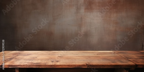 Ready for your product display or montage, the wooden table is empty over a grunge wall.