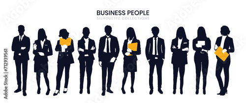 Silhouette of businesspeople, both men and women, in various poses. Silhouette business collection.