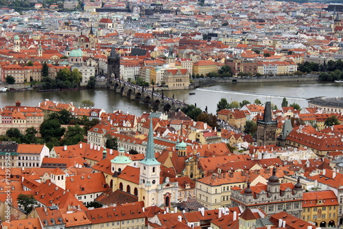 Panorama of Prague Old Town with red roofs famous Charles bridge and Vltava river,