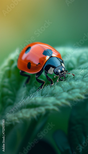  A ladybug perches on a leaf, a tiny spectacle in the vastness of nature. Its vibrant red shell, a stark contrast to the green.