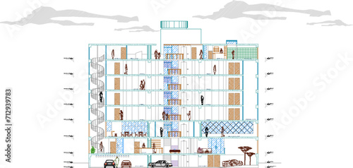 Vector sketch illustration of the technical drawing design of a modern five-star hotel section