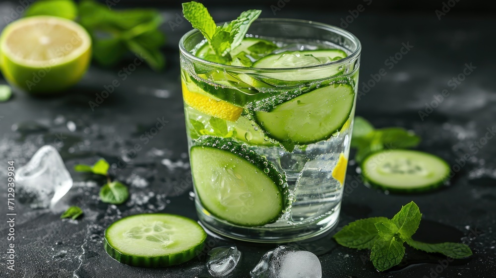 A glass of water with cucumber slices, lemon slices, and mint leaves, Ai Generated A glass of water with cucumber slices, lemon slices, and mint leaves, Ai Generated