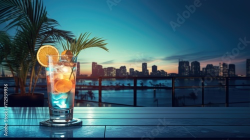 A glass of Aperol Spritz on a table next to a pool  Ai Generated
