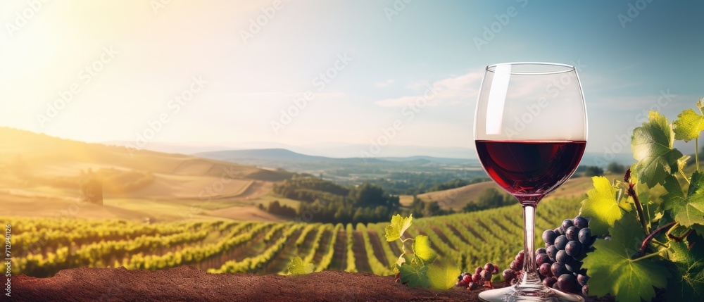 A glass of red wine in front of a vineyard, Ai Generated