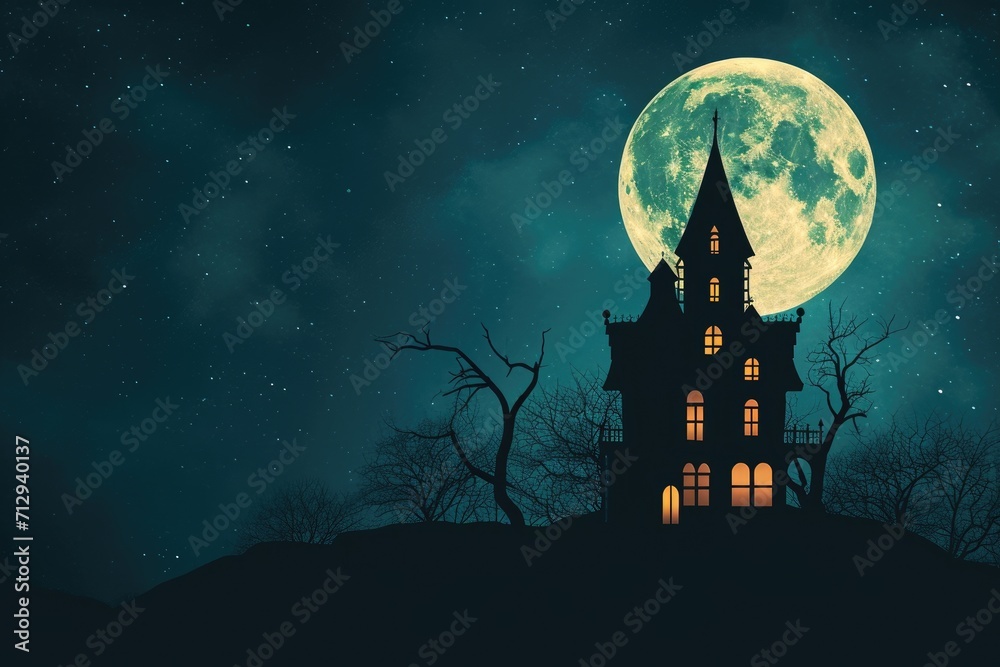 A spooky silhouette of a haunted house against a full moon in the night sky Halloween background with haunted house A spooky silhouette of a haunted house against a full moon in the night sky Halloween background with haunted house