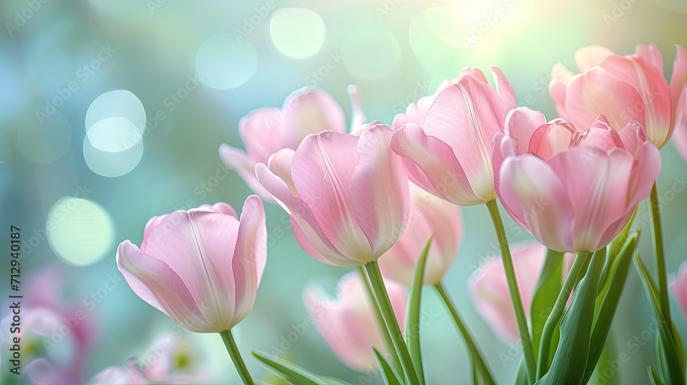 Fototapeta premium Gorgeous springtime vivid natural setting with delicate pink tulip blossoms, Ai Generated