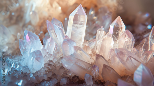 Macro close-up of natural aura quartz crystal points, crystal cluster, gemstone, mineral, rock formation, rainbow, amethyst, rose quartz, agate, background image, room for copy space