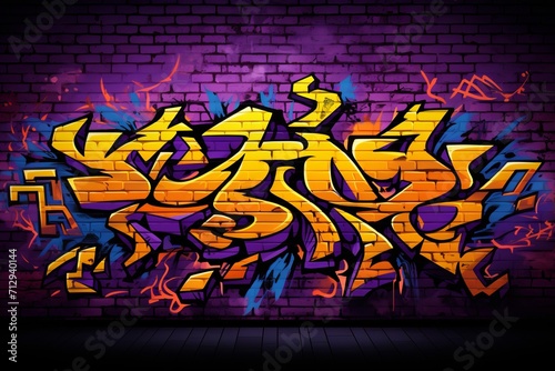 Graffiti background on a brick wall, black yellow purple